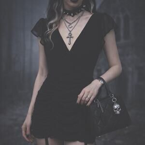 Women Black‎ Bodycon Mini Dress XS Mesh Sleeve Ruched V-neck Cocktail Sexy Sheer